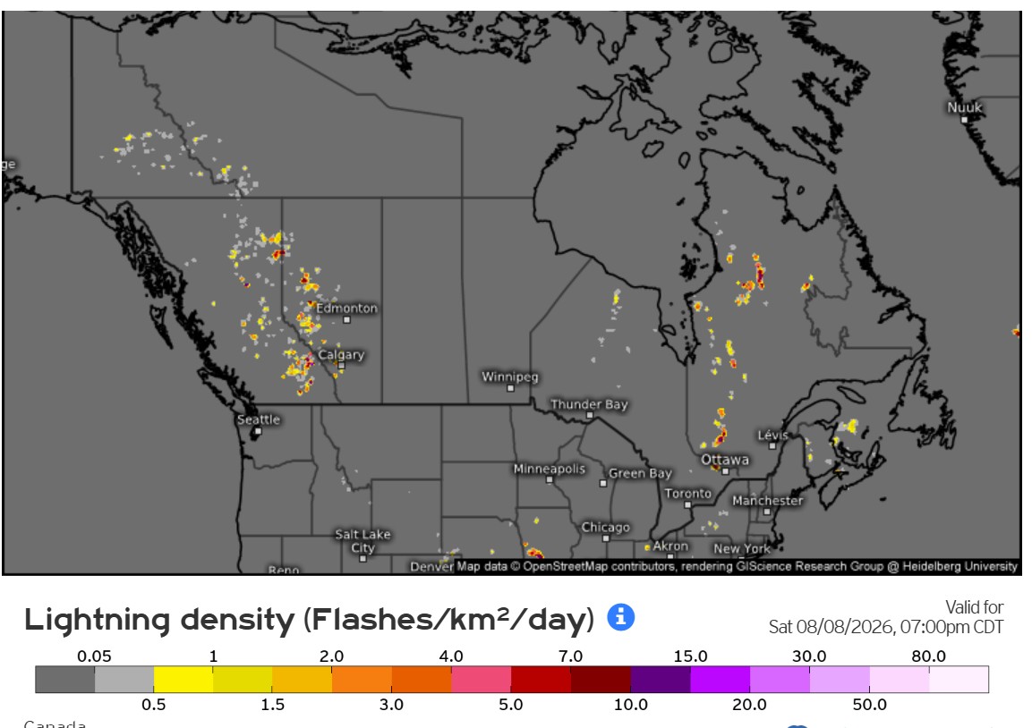 Figure 4. ECMWF 12-hour lightning density forecast for Canada, August 8th ,2026 (evening).