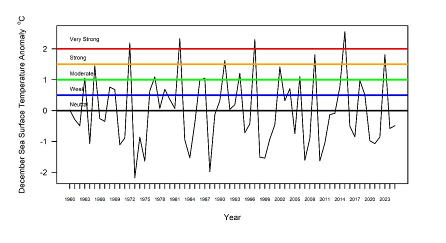 Figure 6. Average December sea surface temperature anomaly relative to the 30-year baseline average (1991-2020) for Region 3.4. Baseline updated on a five-year cycle.